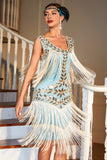 Blue Apricot Gatsby Party Dress with Sequins and Fringes