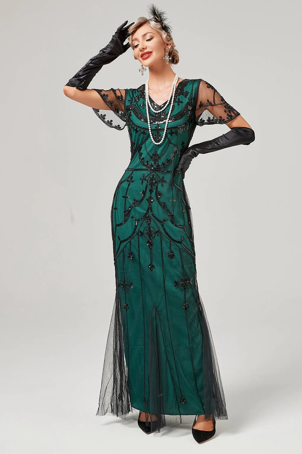 Dark Green Mermaid Round Neck Long Sequins Party Dress