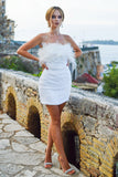 White Sheath Strapless Short Homecoming Dress with Feathers