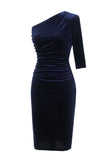 One Shoulder Blue Bodycon Velvet Party Dress