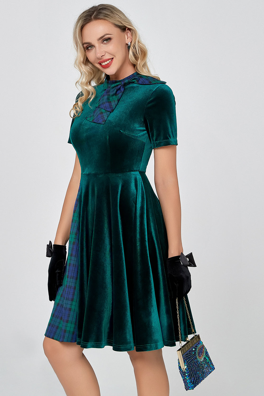 Dark Green A-Line Plaid Vintage Velvet Dress