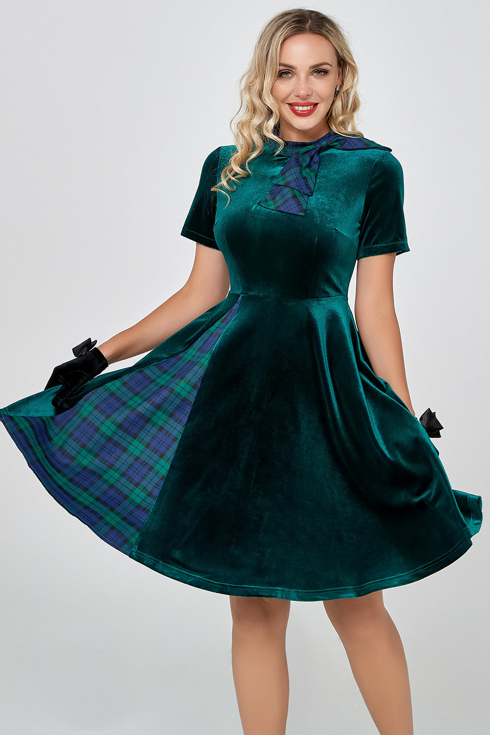 Dark Green A-Line Plaid Vintage Velvet Dress