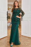 Dark Green Mermaid Beading Prom Dress with Long Sleeves