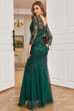 Dark Green Mermaid Beading Prom Dress with Long Sleeves