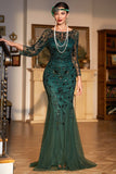 Dark Green Mermaid Long Sleeves Fringed Beaded Party Dress With Sequins