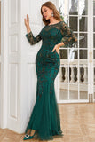 Dark Green Mermaid Beading Prom Dress with Long Sleeves