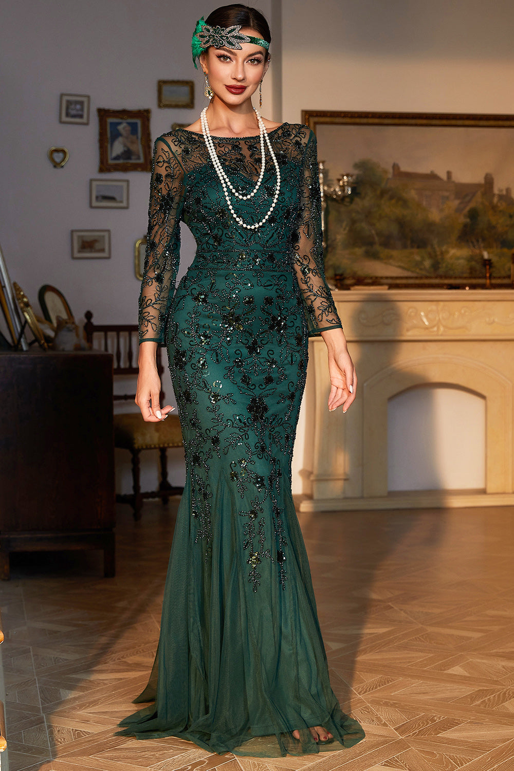 Dark Green Mermaid Long Sleeves Fringed Beaded Party Dress With Sequins