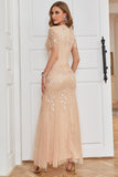 Blush Mermaid Sequins Long Formal Party Dress with Short Sleeves
