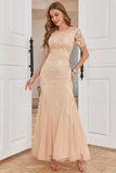 Blush Mermaid Sequins Long Formal Party Dress with Short Sleeves