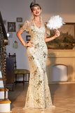 Mermaid Golden V Neck Long Sequins Flapper Evening Dress