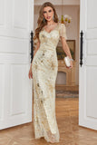 Golden Mermaid V-Neck Sequins Formal Dress With Short Sleeves