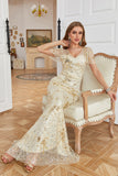 Golden Mermaid V-Neck Sequins Formal Dress With Short Sleeves