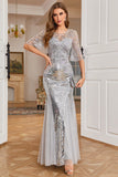 Grey Sequined Mermaid Ankle Length Wedding Guest Dress