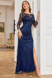 Navy Beaded Mermaid Bateau Neck Long Party Dress With Slit