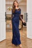Navy Beaded Mermaid Bateau Neck Long Party Dress With Slit