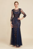 Navy Mermaid Sequin Floor Length Mother of The Bride Dress with Long Sleeves