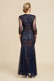 Navy Mermaid Sequin Floor Length Mother of The Bride Dress with Long Sleeves