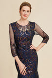 Navy Mermaid Sequin Floor Length Mother of The Bride Dress with Long Sleeves