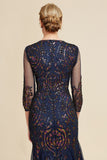 Navy Mermaid Sequin Floor Length Mother of The Bride Dress with Long Sleeves