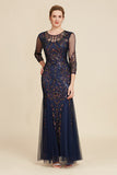 Navy Mermaid Sequin Floor Length Mother of The Bride Dress with Long Sleeves