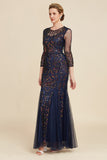 Navy Mermaid Sequin Floor Length Mother of The Bride Dress with Long Sleeves