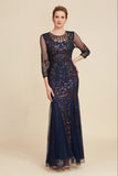 Navy Mermaid Sequin Floor Length Mother of The Bride Dress with Long Sleeves