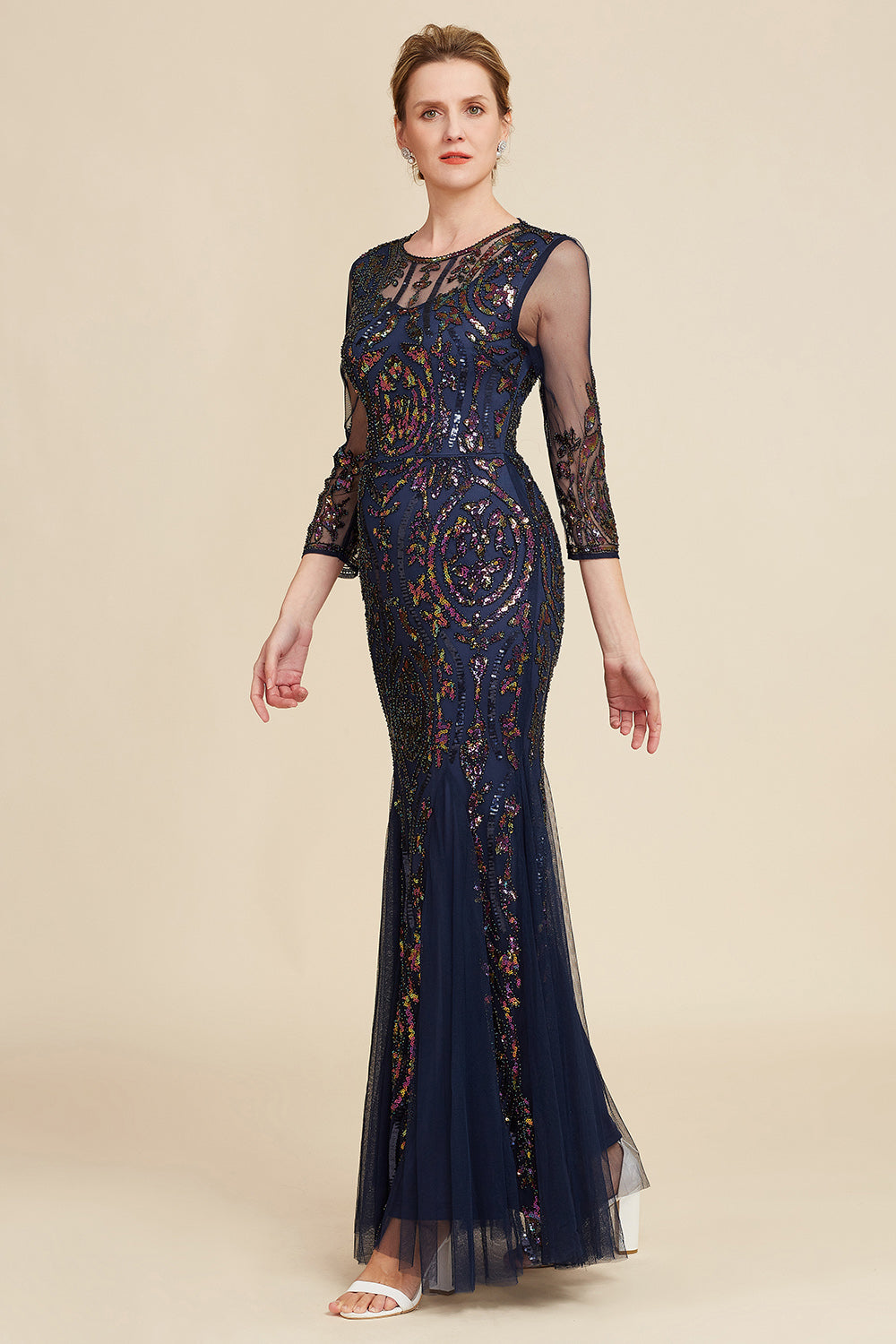 Navy Mermaid Sequin Floor Length Mother of The Bride Dress with Long Sleeves