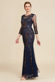 Navy Mermaid Sequin Floor Length Mother of The Bride Dress with Long Sleeves