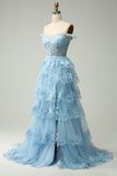 Princess A Line Off the Shoulder Blue Long Corset Prom Dress with Slit