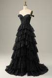 Black Off The Shoulder Tiered Tulle Long Prom Dress With Slit