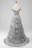 Grey A-Line Off the Shoulder Sparkly Tiered Prom Dress with Slit