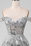 Grey A-Line Off the Shoulder Sparkly Tiered Prom Dress with Slit