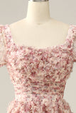 Ivory Red Flower A Line Square Neck Tulle Long Prom Dress