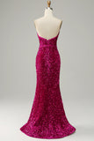 Hot Pink Mermaid Strapless Sequin Prom Dress with Slit