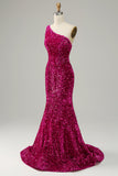 Fuchsia Sheath One Shoulder Sequin Mermaid Prom Dress