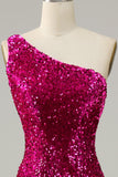 Fuchsia Sheath One Shoulder Sequin Mermaid Prom Dress