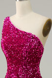 Fuchsia Mermaid One Shoulder Sequin Long Prom Dress