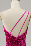 Fuchsia Mermaid One Shoulder Sequin Long Prom Dress