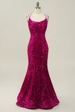 Hot Pink Sequin Spaghetti Straps Mermaid Prom Dress with Lace-up Back