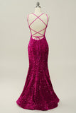 Hot Pink Sequin Spaghetti Straps Mermaid Prom Dress with Lace-up Back