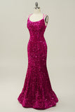 Hot Pink Sequin Spaghetti Straps Mermaid Prom Dress with Lace-up Back