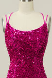 Hot Pink Sequin Spaghetti Straps Mermaid Prom Dress with Lace-up Back