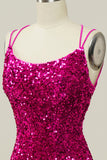 Hot Pink Sequin Spaghetti Straps Mermaid Prom Dress with Lace-up Back