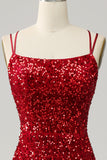 Red Sparkly Mermaid Spaghetti Straps Backless Prom Dress with Fringes
