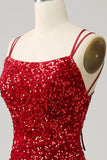 Red Sparkly Mermaid Spaghetti Straps Backless Prom Dress with Fringes