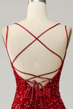 Red Sparkly Mermaid Spaghetti Straps Backless Prom Dress with Fringes