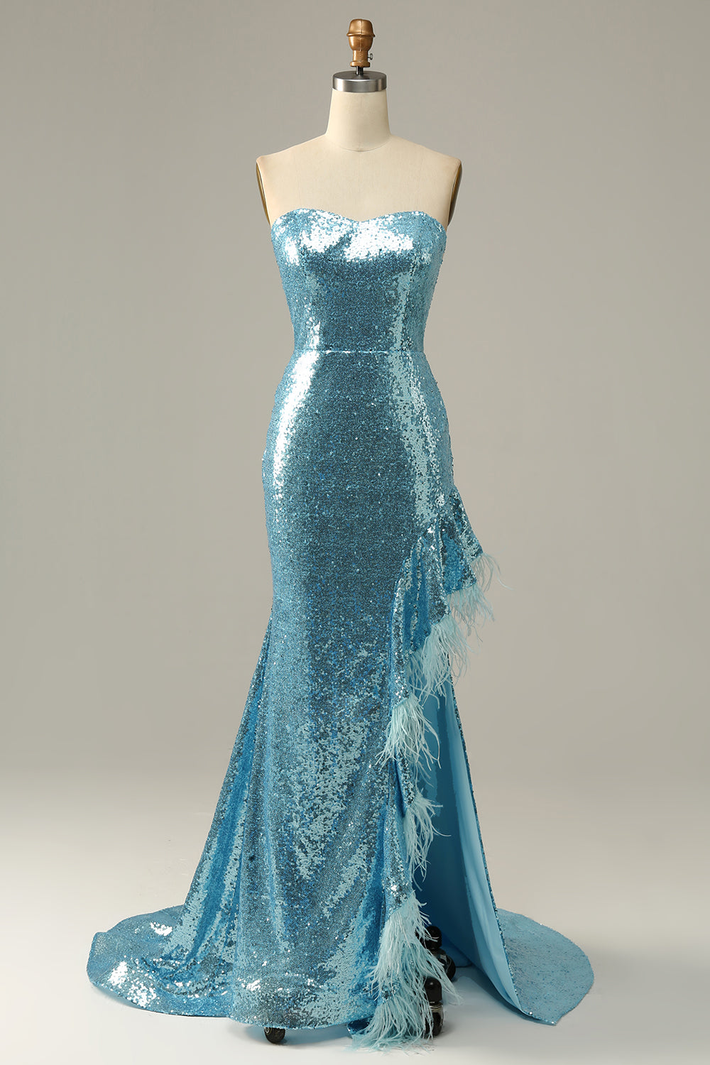 Sparkly Sky Blue Mermaid Sweetheart Sequined Prom Dress With Feathers