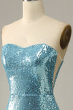 Sparkly Sky Blue Mermaid Sweetheart Sequined Prom Dress With Feathers