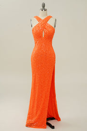 Orange Sheath Halter Sequined Backless Mermaid Prom Dress