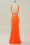 Orange Sheath Halter Sequined Backless Mermaid Prom Dress